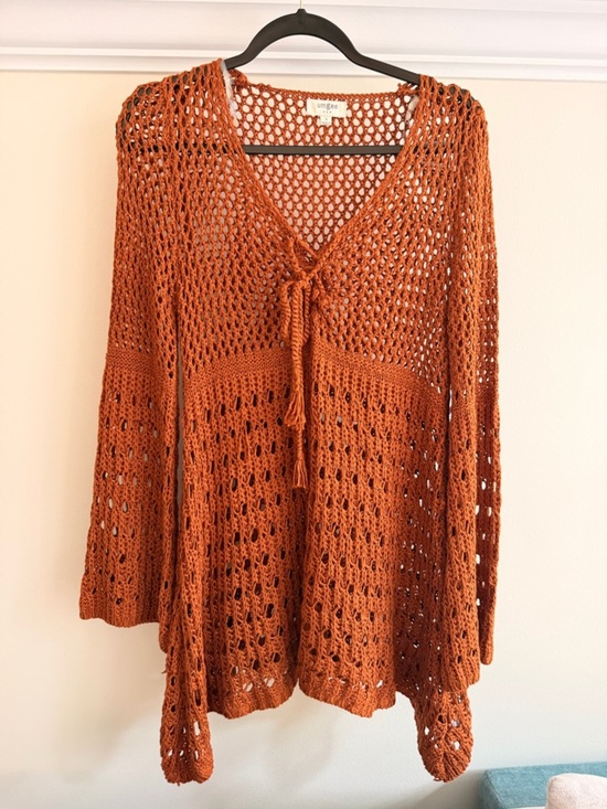 Umgee Sweaters - Umgee Rust Open Crochet Tie-Front Cover-Up